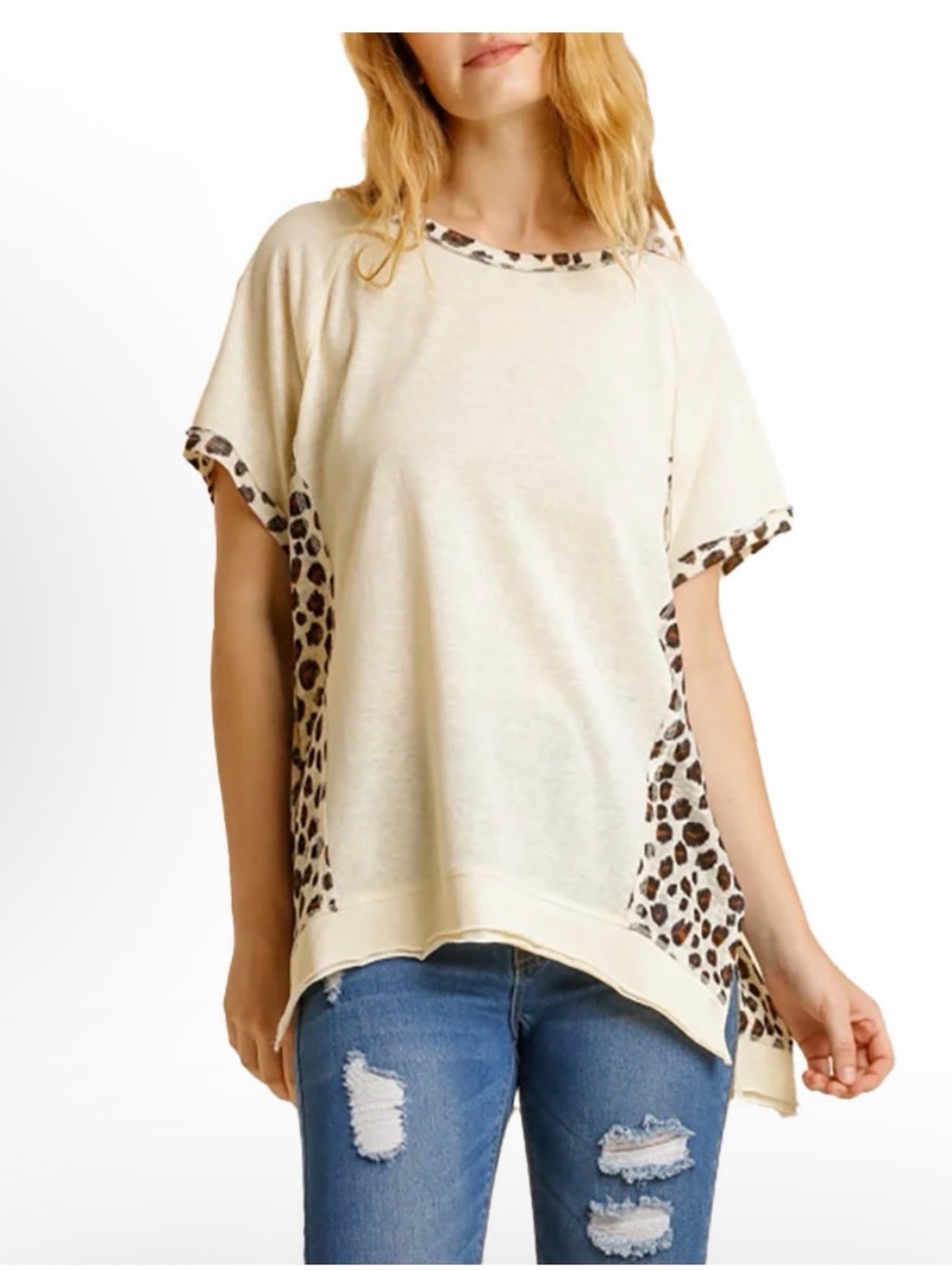 Umgee Cream Short Sleeve Top with Leopard Trim
